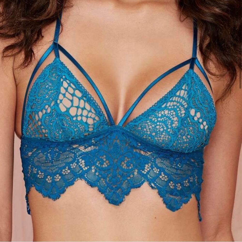 For Love And Lemons Skivvies New Teal Blue Vanity Lace Bralette - XS
